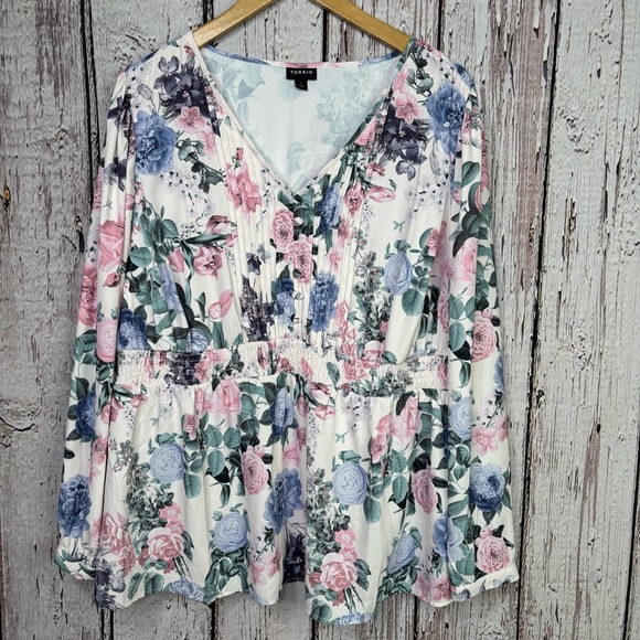 torrid Tops - Torrid 1X | 14/16 Plus Size Babydoll Georgette Pintuck Long Sleeve Blouse Floral